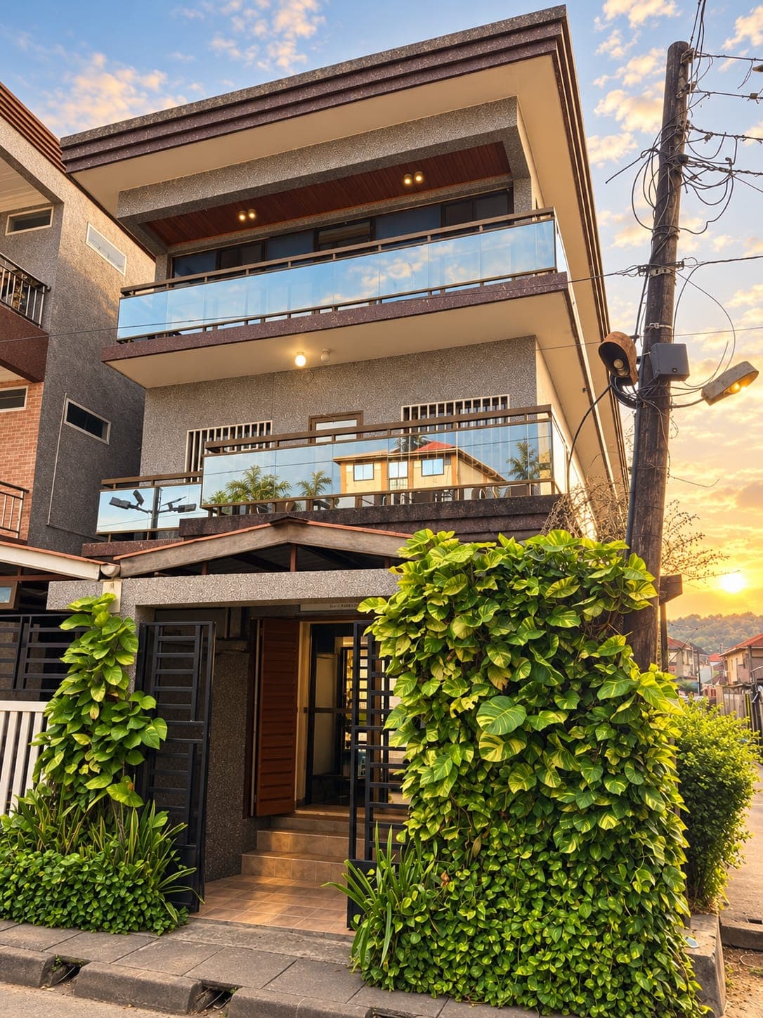 The front of JC Guest House at sunset, with glass balconies, greenery and its entrance