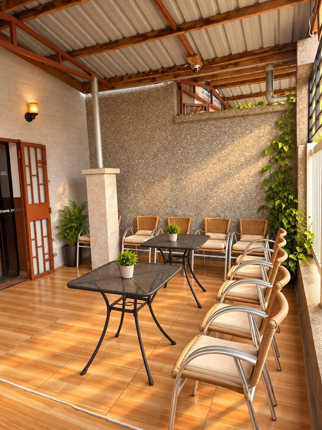 Tables and wicker chairs on the covered terrace at JC Guest House